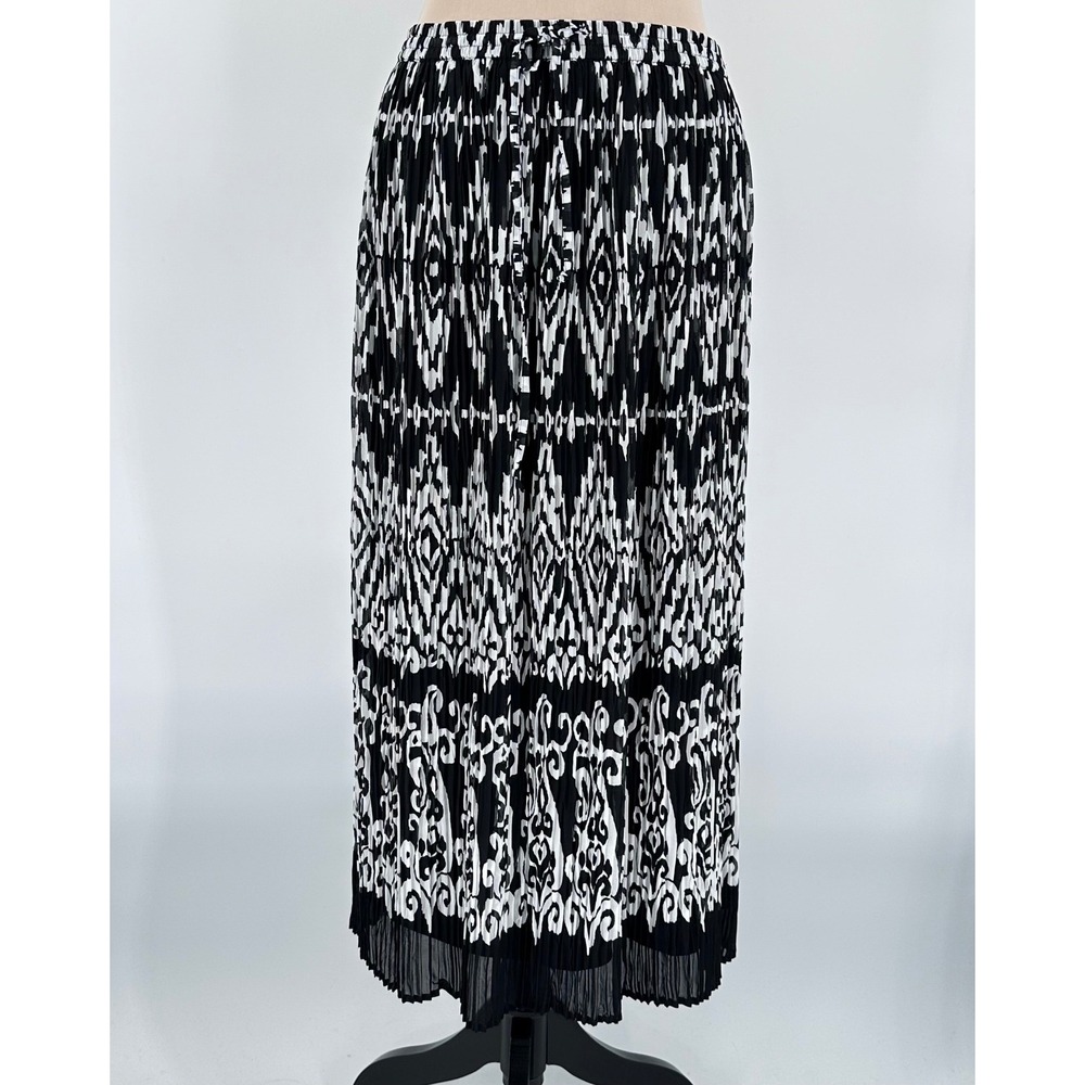 Alfred Dunner Womens 14 Black White Ikat Damask Pleated Elastic Waist Maxi Skirt